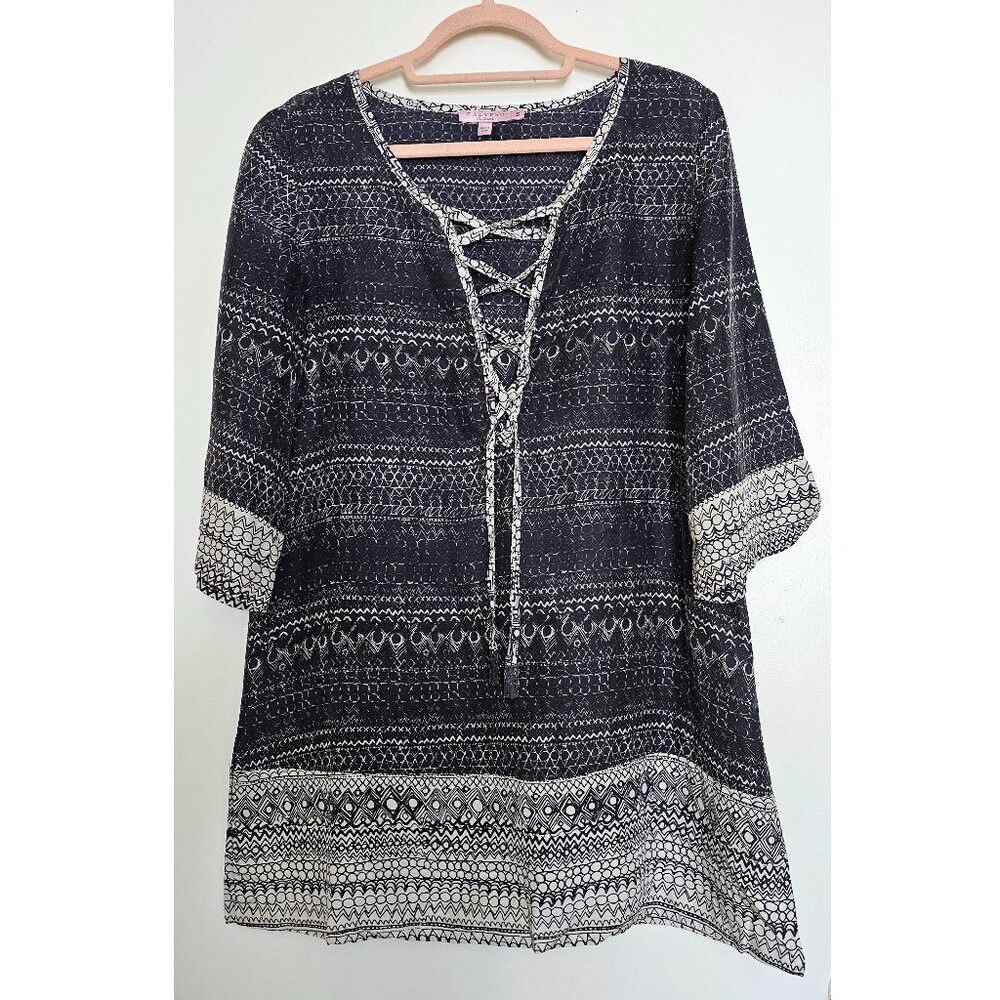 Calypso St Barth 100% Silk Geometric Print 3/4 Sleeves Tunic Top Coverup, S